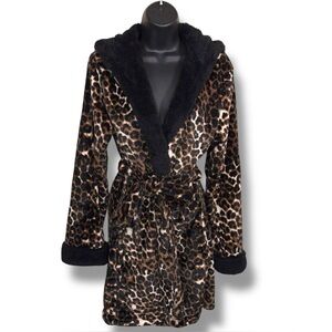 Girls L XL Leopard Fleece Bath Robe Brown Black Animal Print Cozy Hooded